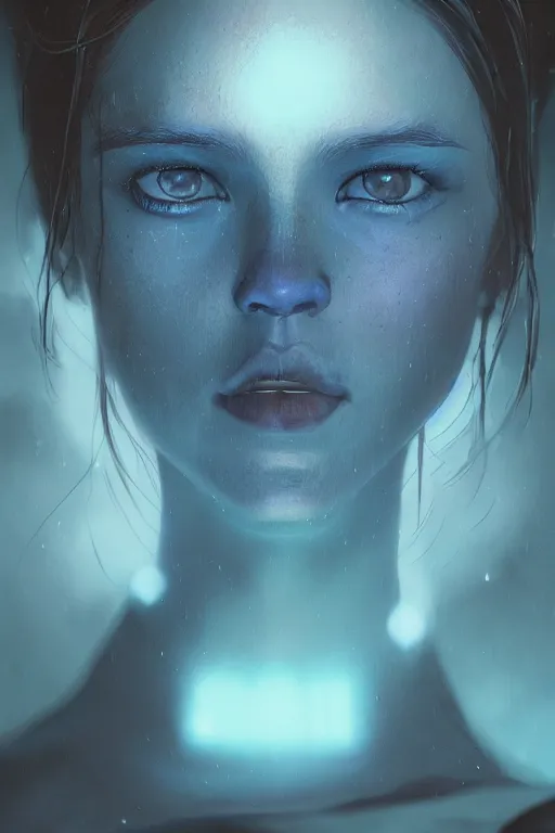 Prompt: A blue eyed women of unknown race by Greg Rutkowski, beeple, Sung Choi, Mitchell Mohrhauser, Maciej Kuciara, Johnson Ting, Maxim Verehin, Peter Konig, final fantasy, macro lens, 35mm, 8k photorealistic, cinematic lighting, HD, high details, dramatic, dark atmosphere, trending on artstation