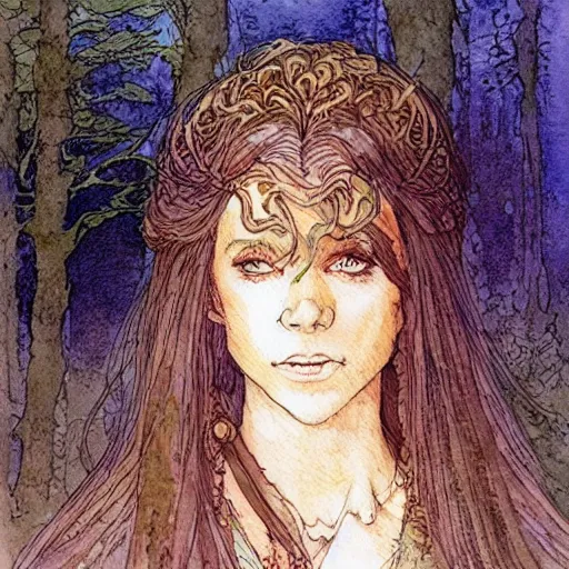 Image similar to a beautiful and very detailed character concept watercolour portrait of sanna!!!!! marin!!!!!, the young female prime minister of finland as a druidic wizard by alan lee, rebecca guay, michael kaluta, charles vess and jean moebius giraud