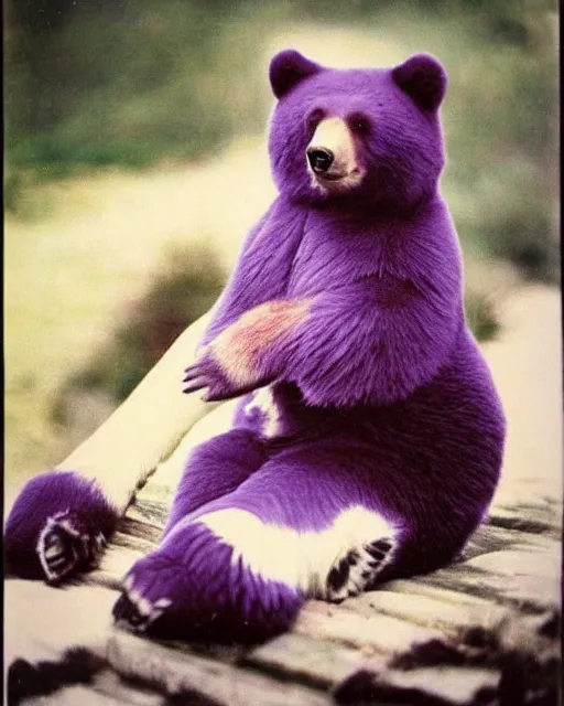 Prompt: a fantastic animal, a mix of a bear and a cat, with purple fur, realistic photo, 1970s