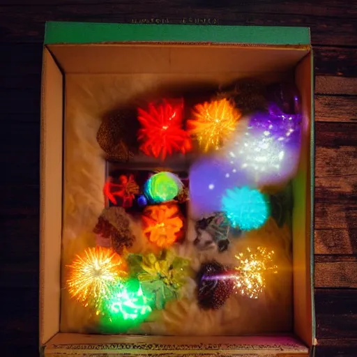 Prompt: a box full of imagination, exploding with beautiful light