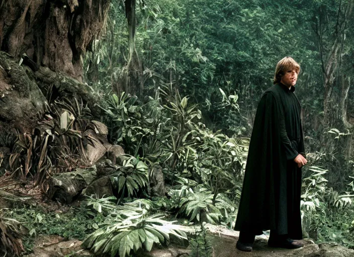 Prompt: luke skywalker protecting the new jedi temple school in the jungle, Photographed with Leica Summilux-M 24 mm lens, ISO 100, f/8, Portra 400