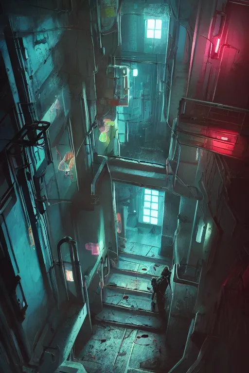 Prompt: down a basement staircase, from above, neon lights, cyberpunk style, digital painting, concept art, smooth, sharp focus, hyperrealistic, illustration, artstation trending, octane render, unreal engine, ambient light, dynamic lighting, magical, dark vibes, Cyberpunk 2077
