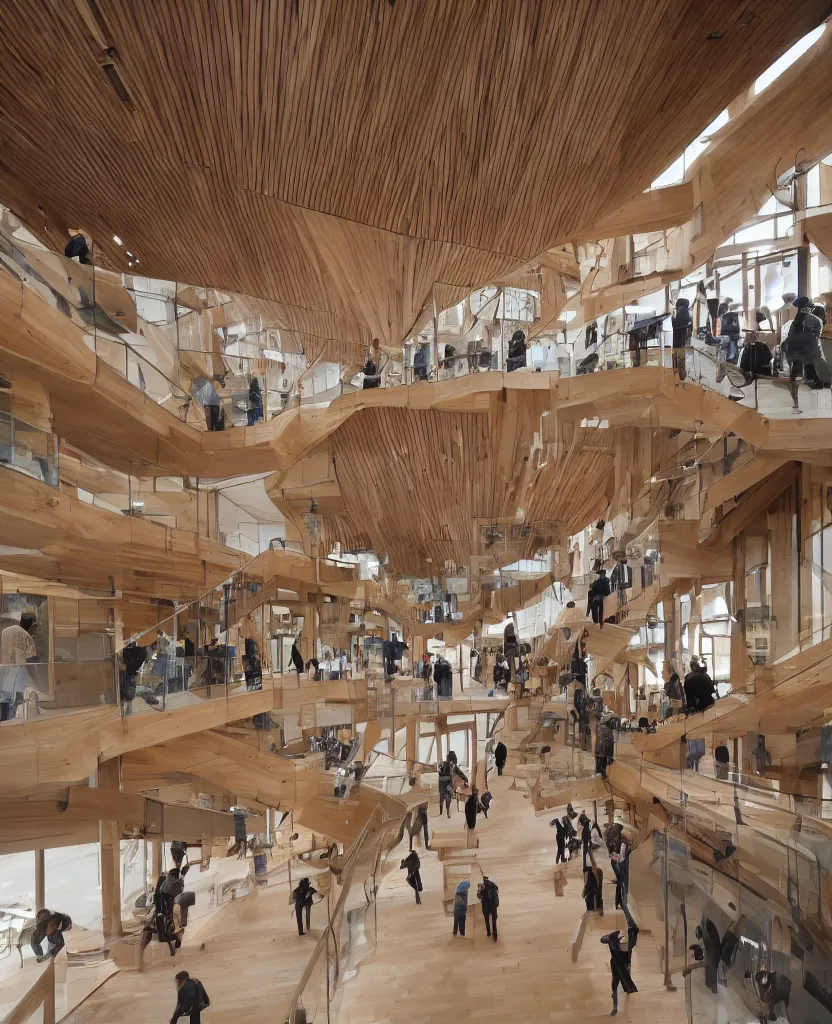 Image similar to a complex building interior, large wood joinery, people walking