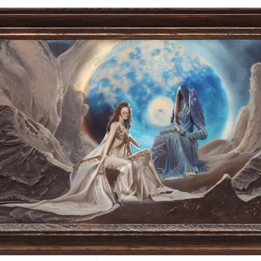 Prompt: Selene and Nyx, queens of the overworld, oil on canvas, textured, detailed, ornate