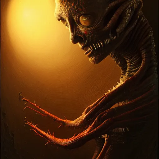 Image similar to ultra realist horror painting of a dimly lit attractive alien female and hellish creature together, very intricate details, focus, curvy, full frame image, artstyle hiraku tanaka and craig mullins, award winning