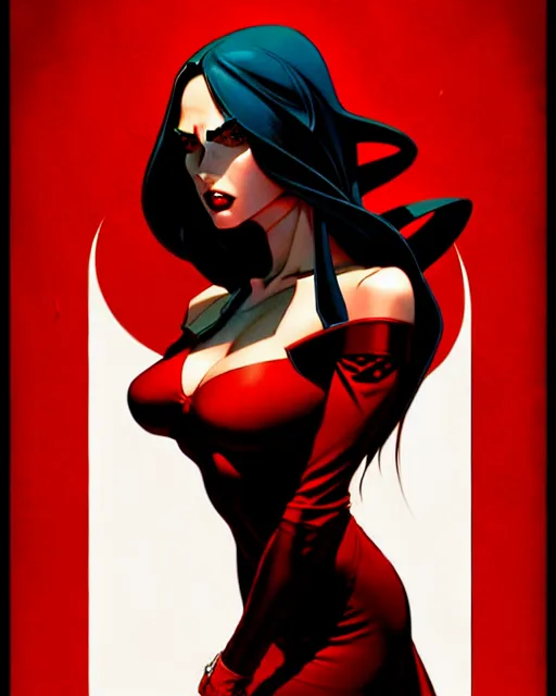 Image similar to artgerm, joshua middleton comic cover art, full body pretty megan fox vampire sharp teeth, red dress, symmetrical eyes, symmetrical face, long curly black hair, dark castle background background, cinematic lighting