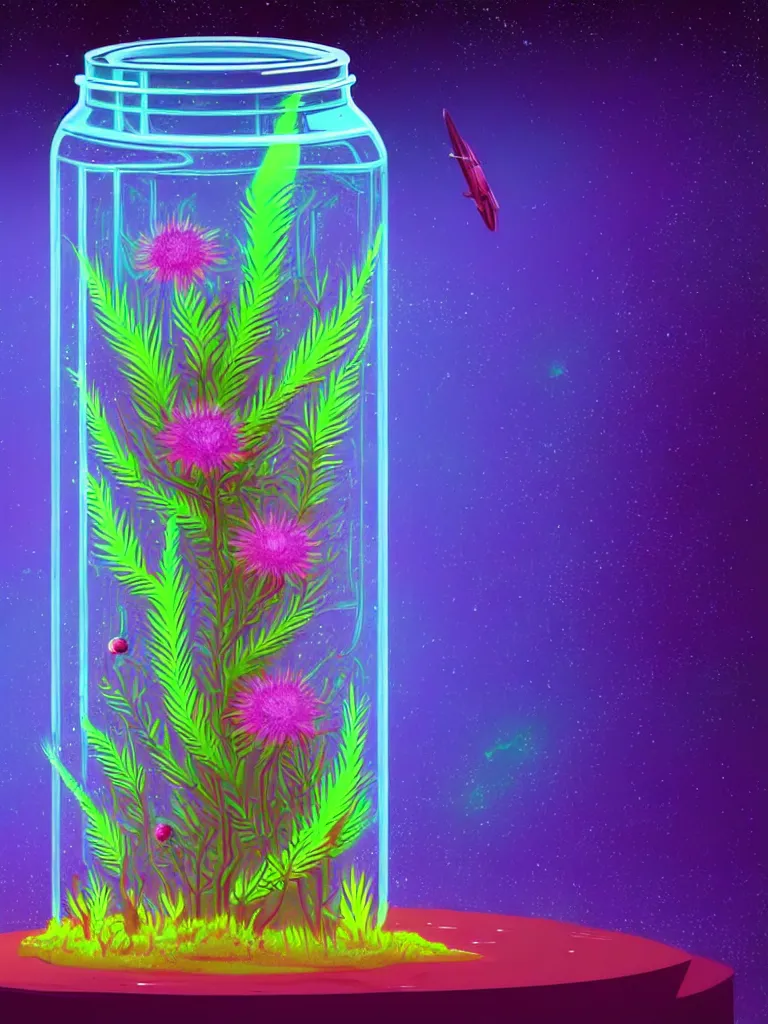 Image similar to concept art. illustration. sci - fi. multicolour strange weird plants and flowers from a different planet in a closed jar. plain background. high sci - fi. holographic, beautiful, ethereal