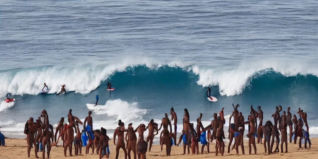 Image similar to devil worshippers in robes belonging to the cult of the ocean surfing in waves, standing on surfboards, surfing inside one large barreled wave, high detailed colors, blue