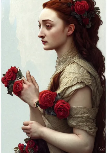 Prompt: portrait of sansa stark with roses in her long hair, intricate, elegant, highly detailed, digital painting, artstation, concept art, smooth, sharp focus, illustration, art by artgerm and greg rutkowski and alphonse mucha and william - adolphe bouguereau