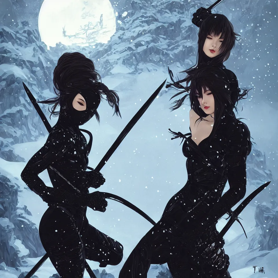 Image similar to portrait ninja gaiden girl, armored black plastic ninja wardrobe, at snowy fuji mountain moonlight, ssci - fi and fantasy, intricate and beautiful and elegant, digital painting, frostbite engine, artstation, concept art, smooth and sharp focus, illustration, art by tian zi and wlop and alphonse mucha