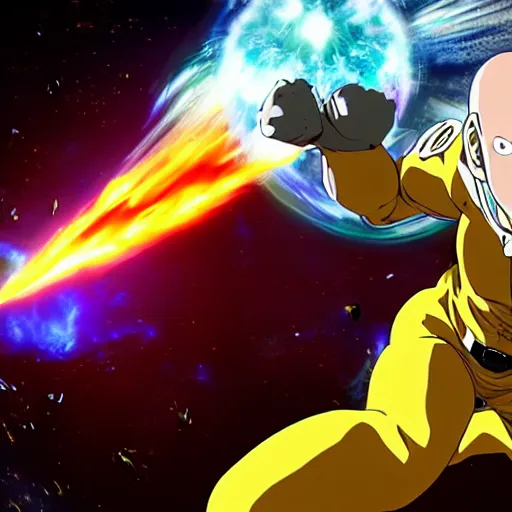 Prompt: one punch man, punching God, galaxy collapsing, unreal engine, vivid colors, highly detailed