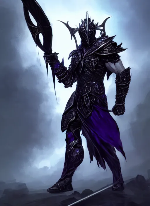 Image similar to Half-body of a muscular elven knight in black and purple armour with black. Swords are levitating beside him. In style of Hyung-tae Kim and Greg Rutkowski, concept art, trending on ArtStation, Korean MMORPG, over-detailed art, 8K, epic, dynamic lightning, dramatic pose.