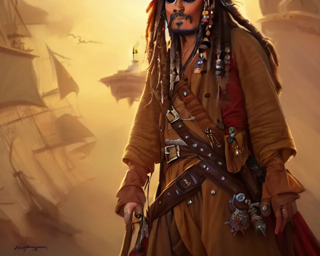 Prompt: captain jack sparrow with a big smile, photography of kurzgesagt, deep focus, d & d, fantasy, intricate, elegant, highly detailed, digital painting, artstation, concept art, matte, sharp focus, illustration, hearthstone, art by artgerm and greg rutkowski and alphonse mucha