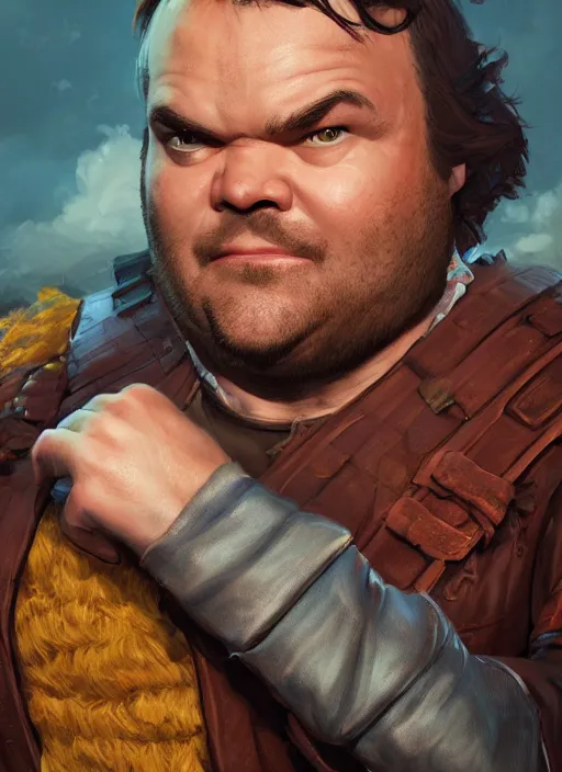 Image similar to A fantasy comic book style portrait painting of jack black as a halfling thief, unreal 5, DAZ, hyperrealistic, octane render, RPG portrait, dynamic lighting