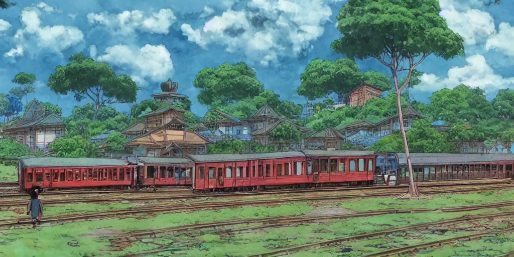 Image similar to sri lankan train station, drawn by hayao miyazaki