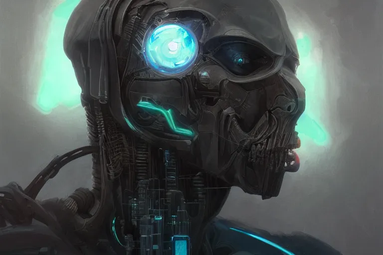 Image similar to portrait of cyborg Dementor from Harry Potter in cyberpunk, neon lighting, portrait in center, digital art from artstation by Ruan Jia and Mandy Jurgens and Artgerm and william-adolphe bouguereau and Greg Rutkowski and Wayne Barlowe