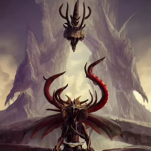 Image similar to concept art painting of a dragonlike anthropomorphic humanoid creature with a long dragon neck and horned skull mask, sitting on a throne, realistic, detailed, cel shaded, in the style of makoto shinkai and greg rutkowski and studio ghibli and moebius