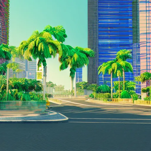 Image similar to vaporwave jungle city 3 d render