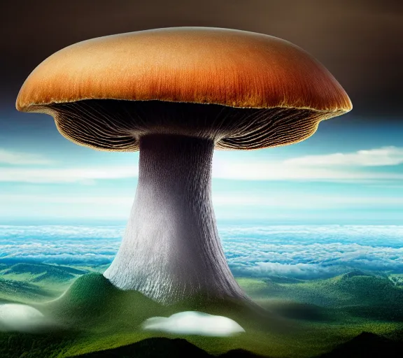 Prompt: a giant mushroom that stretches above the clouds with an upside down city built from the cap instead of gills. highly detailed 8 k. intricate. lifelike. soft light. nikon d 8 5 0. cinematic post - processing