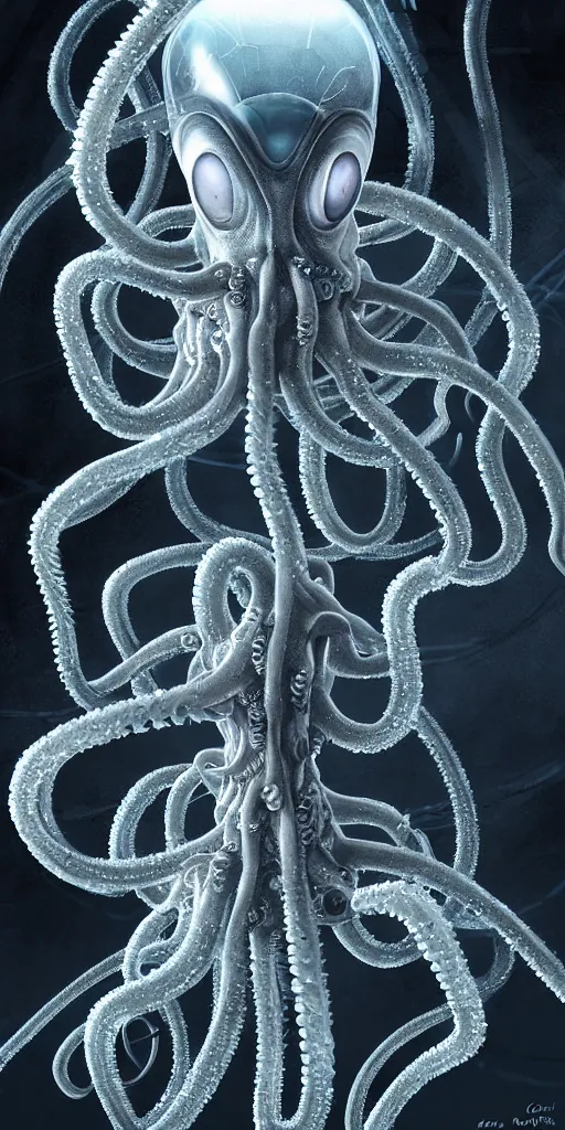 Image similar to concept art of an alien cybernetic arachnid octopus made of silica crystal and translucent cables, on a rock background, surrounded by spirals of fog, grimy, gritty, trending on artstation, award winning painting, close portrait, cgi, art by david cronenberg and chris cunningham