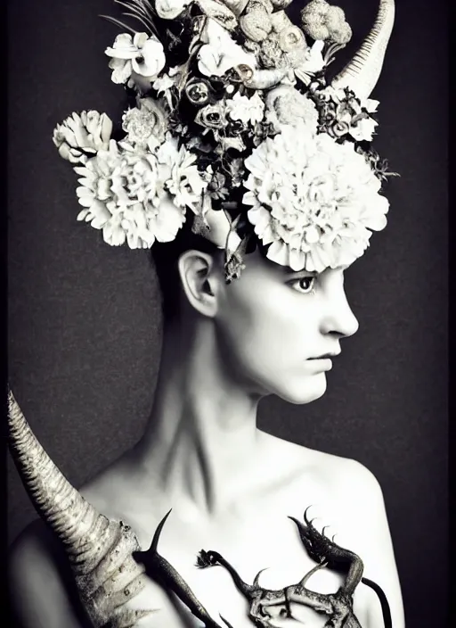 Prompt: a black and white high quality dreamy photo of a young beautiful female queen-pale dragon-vegetal-many big steampunk flowers-cyborg bust with a very long neck, elegant, highly detailed, poetic, soft, dreamy, mysterious, high fashion, in the style of Diane Arbus, Realistic, Refined, Digital Art, Highly Detailed, Cinematic Lighting, rim light, black and white, photo-realistic, 8K