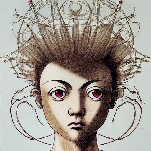 Image similar to prompt: Fragile looking vessel portrait face drawn by Katsuhiro Otomo, inspired by Carlo Dolci, magical and alchemical objects on the side, soft light, white background, intricate detail, intricate ink painting detail, sharp high detail, manga and anime 2000