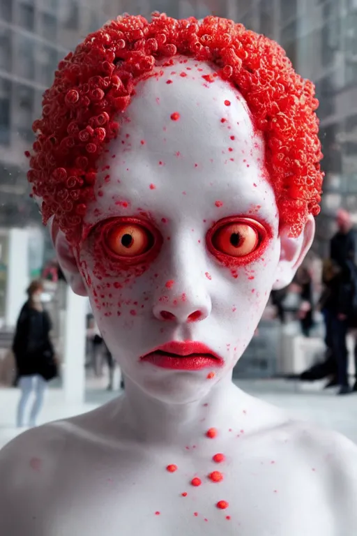 Prompt: full head and shoulders, beautiful red porcelain female person, mixed with massive frog spawn eyes that are all different sizes, smooth, delicate facial features, white detailed eyes, white lashes, 3 d white shiny thick, larg tentacles and eyeballs by daniel arsham and james jean