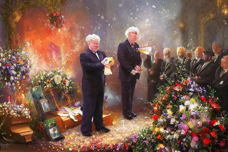 Image similar to portrait of rip taylor throwing confetti during a funeral service, an oil painting by ross tran and thomas kincade