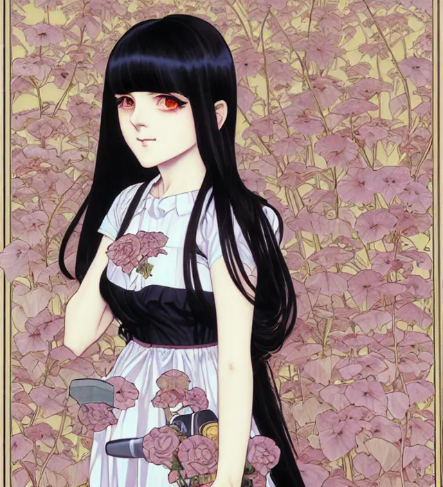 Image similar to portrait of a morbid 18 year old young woman wearing a cottage-core aesthetic dress with straight silky black hair, in a butcher shop, queen of sharp razor blades, in the style of Range Murata and by Alphonse Mucha and by Katsuhiro Otomo.
