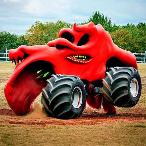 Prompt: A red dragon head as a monster truck