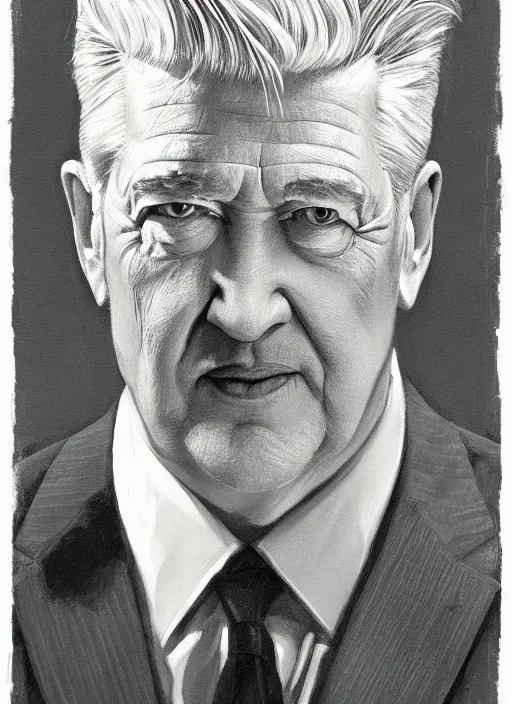 Image similar to portrait of David Lynch, highly detailed, centered, solid color background, digital painting, artstation, concept art, smooth, sharp focus, vintage grainy 1970s illustration, Basil Gogos, donato giancola, Joseph Christian Leyendecker, Les Edwards, Ed Repka, Wayne Barlowe,