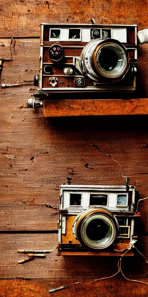 Image similar to A photo of a very old opened device with vacuum tubes, film, capacitors and coils inside, and a camera lens on the outside on an old wooden table by Wes Anderson, grungy, weathered Ultra detailed, hyper realistic, 4k