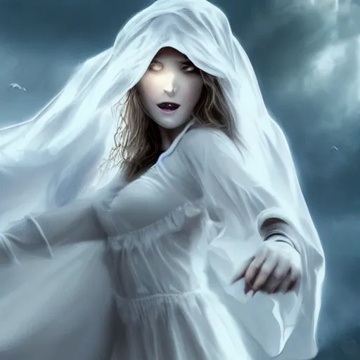 Image similar to white female dancing gost weared with white veils, matte painting, cinematic, epic composition, detailed, atmospheric, wide angle, artstation trending