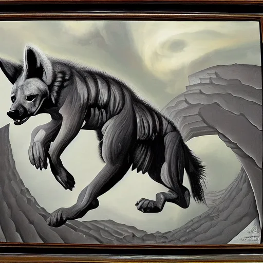 Prompt: escher oil painting of a giant hyena made of electricity, leaping through the sky, apocalyptic