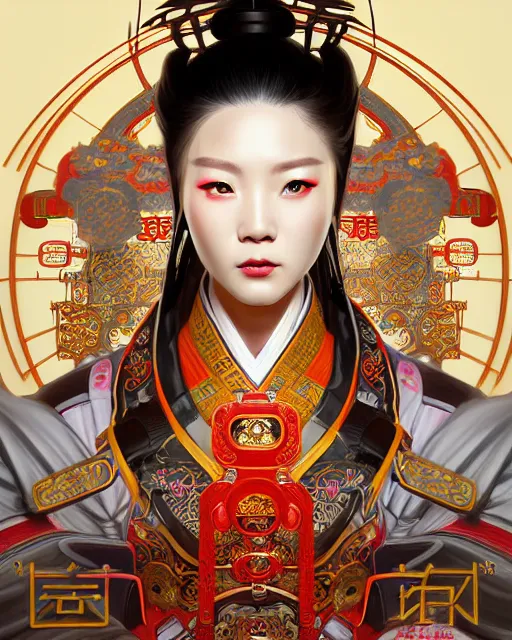 Image similar to portrait of a chinese cyberpunk machine, machine face, upper half portrait, decorated with chinese opera motifs, regal, asian, fine china, wuxia, traditional chinese art intricate intense elegant 京 剧 highly detailed digital painting artstation concept art smooth sharp focus illustration, art by artgerm and greg rutkowski alphonse mucha 8 k