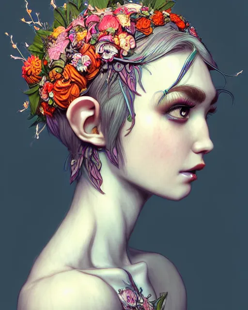 Image similar to digital art, centered head of elven bride with short hair, vivid flower crown ,body made with intricate roots, by James Jean and by artgerm, by ross tran , ultradetailed, charachter design, concept art, trending on artstation,