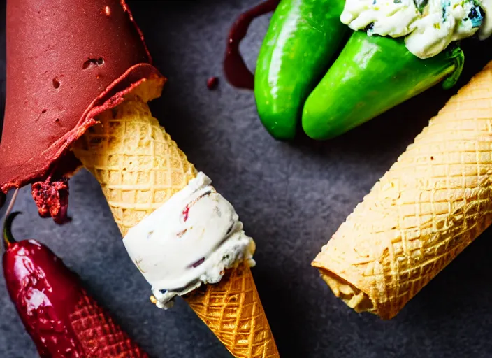 Image similar to dslr food photograph of ice cream cone with sliced jalapeno topping, 8 5 mm f 1. 8