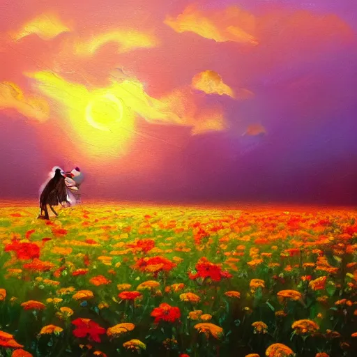 Image similar to an oil painting of a rat in a flower field, colorful, artstation, miyazaki, sunrise, very high detail