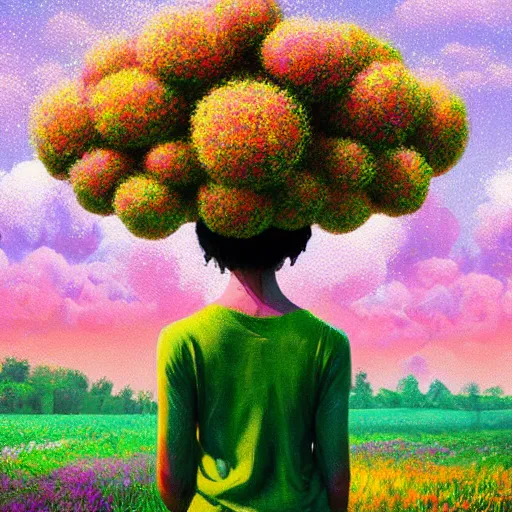 Prompt: big flower afro, full body, girl standing in the middle of a field with flowers, surreal photography, hills, sunrise dramatic light, impressionist painting, colorful clouds, digital painting, pointillism, artstation, simon stalenhag