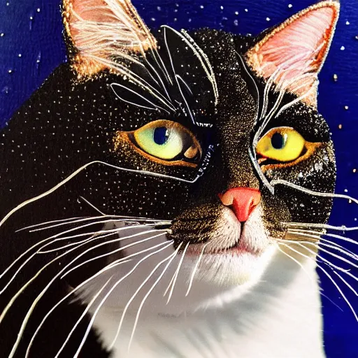 Prompt: a photo of a cat embroidered with sequins, hyperrealistic, textured, animal portrait, f 2. 8