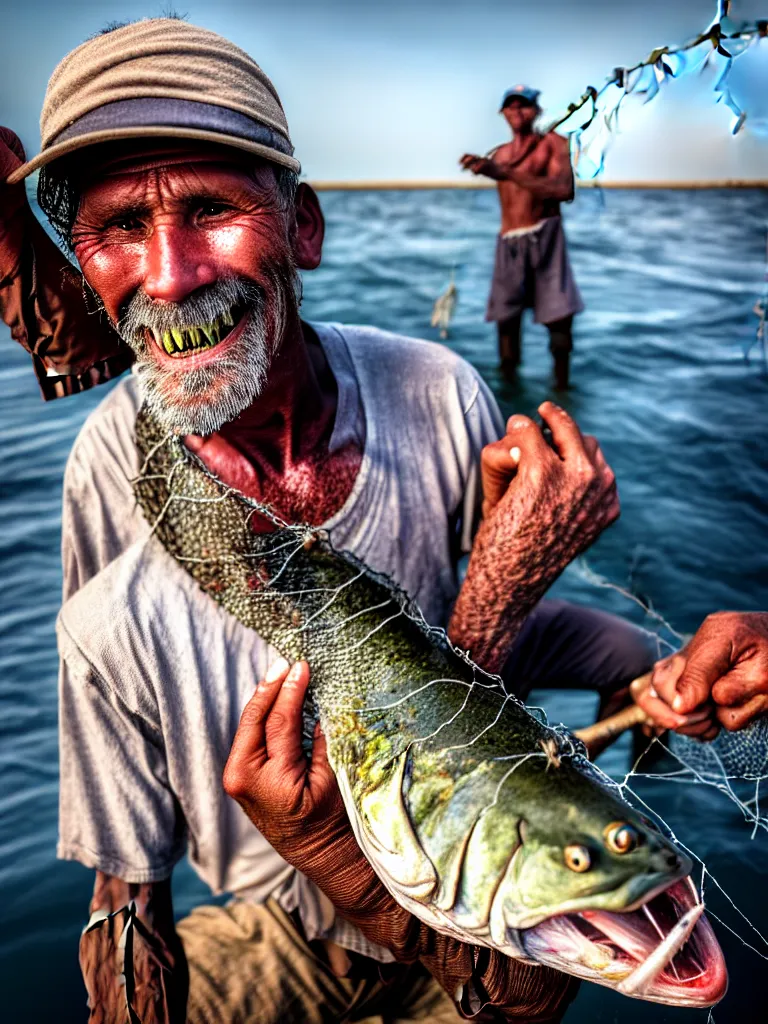 Image similar to an imperfect journalistic portrait of a fisherman, after he has caught a tokomak in his net. he grins proudly, baring his gargantuan razor sharp teeth like blades of a professional food processor