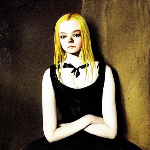 Prompt: a striking hyper real painting of Elle Fanning, dark, metal, occult, by Francisco Goya