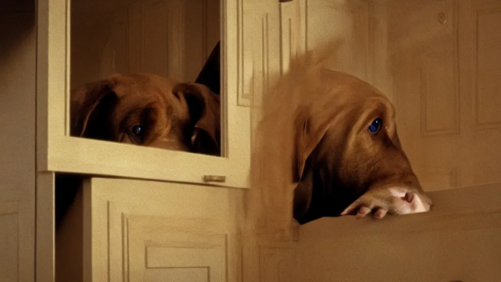 Image similar to giant dog in the cupboard, film still from the movie directed by Denis Villeneuve with art direction by Salvador Dalí, wide lens