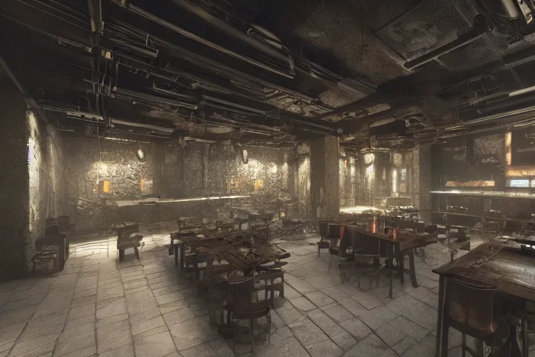 Prompt: ultra mega super hyper realistic Digital concept interior design of cyberpunk tavern with stone walls and neon lights many details by Hiromasa Ogura. Natural white sunlight from the transperient roof. Rendered in VRAY and DaVinci Resolve and MAXWELL and LUMION 3D, Volumetric natural light