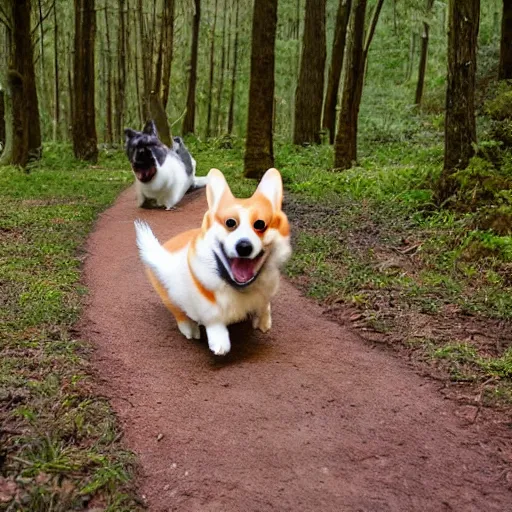 Prompt: corgi monster, children running away, forest