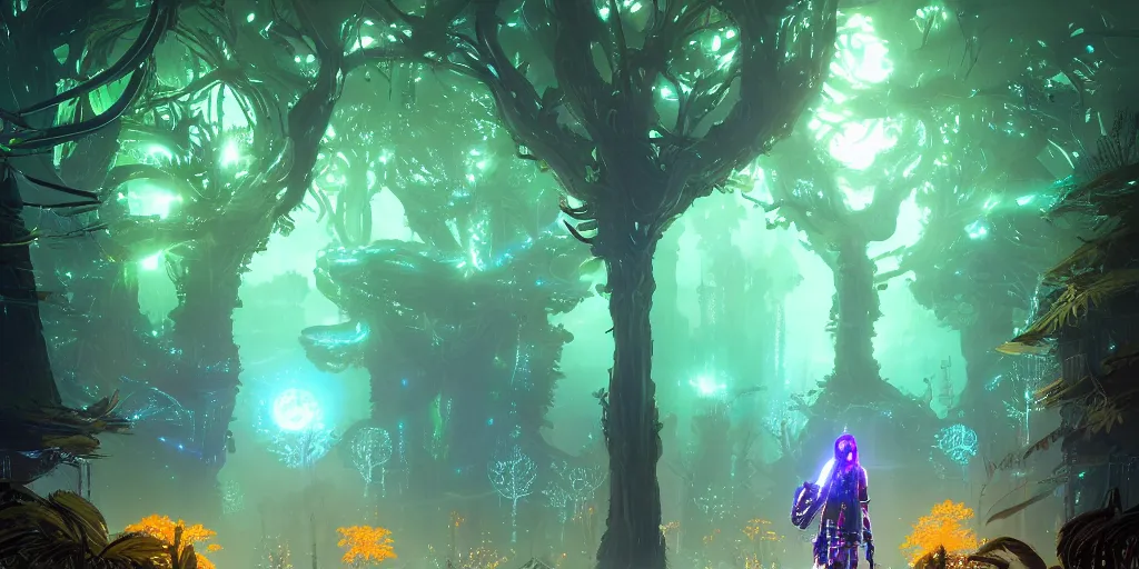 Image similar to huge cybernetic trees and neon cyberpunk lanterns, misty nighttime. radiating rich energy. photorealistic, expansive atmosphere, volumetric shading, holographic, intricate and detailed, vivid colors. aesthetic. ori and the blind forest, breath of the wild style, by miyazaki ghibli!!!. trending on artstation. award winning