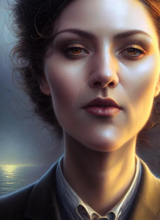 Image similar to closeup portrait shot of a modern day detective in a scenic mystery environment, intricate, elegant, highly detailed, centered, digital painting, artstation, concept art, smooth, sharp focus, illustration, artgerm, tomasz alen kopera, peter mohrbacher, donato giancola, joseph christian leyendecker, wlop, boris vallejo
