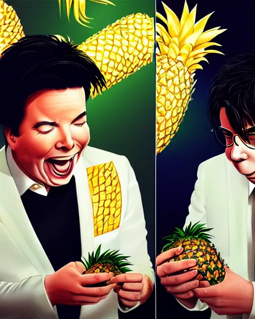 Image similar to Michael Mcintyre & white Michael Jackson eating pineapples in a nightclub,real life skin, intricate, elegant, highly detailed, artstation, concept art, smooth, sharp focus, photo