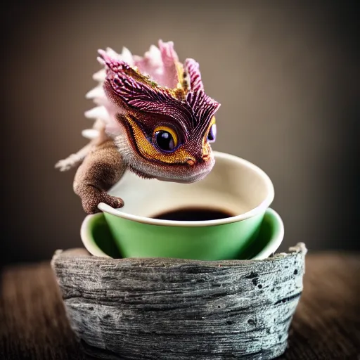 Prompt: beautiful cute little baby dragon inside a cup, photo studio, professional photo, professional lighting, sunlight, trending on instagram, hdr, 8 k