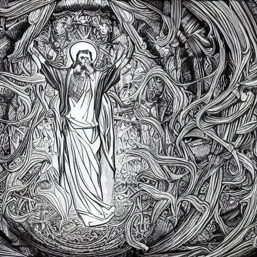 Image similar to the transfiguration of jesus christ, an ultrafine detailed illustration by james jean, intricate linework, bright colors, final fantasy, behance contest winner, vanitas, angular, altermodern, unreal engine 5 highly rendered, global illumination, radiant light, detailed and intricate environment